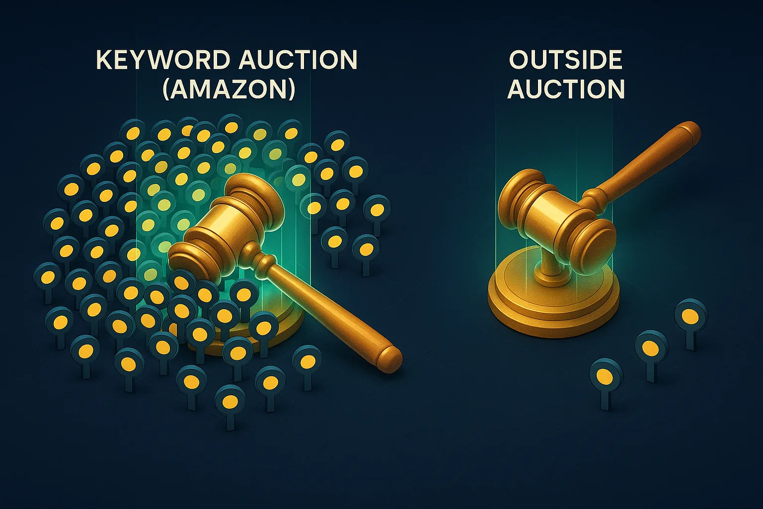 Two glowing auction gavels on a navy surface, one surrounded by a dense crowd of small bidding paddles and one with only three paddles