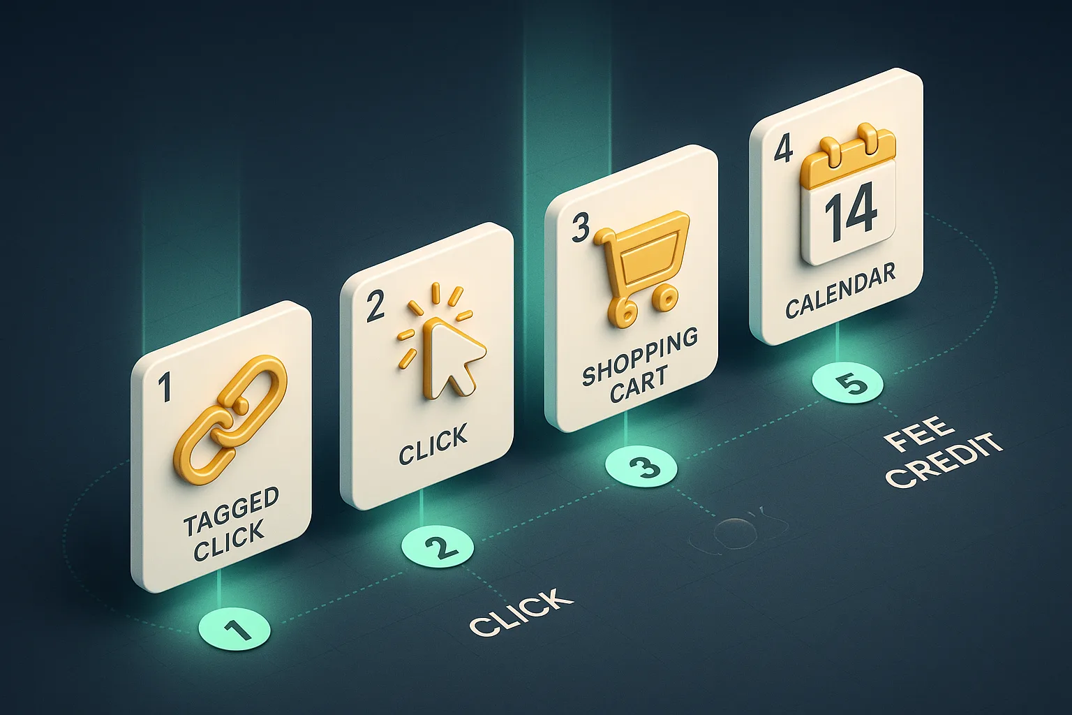 Five floating numbered cards in a horizontal arc, showing a link tag icon, a cursor click icon, a shopping cart icon