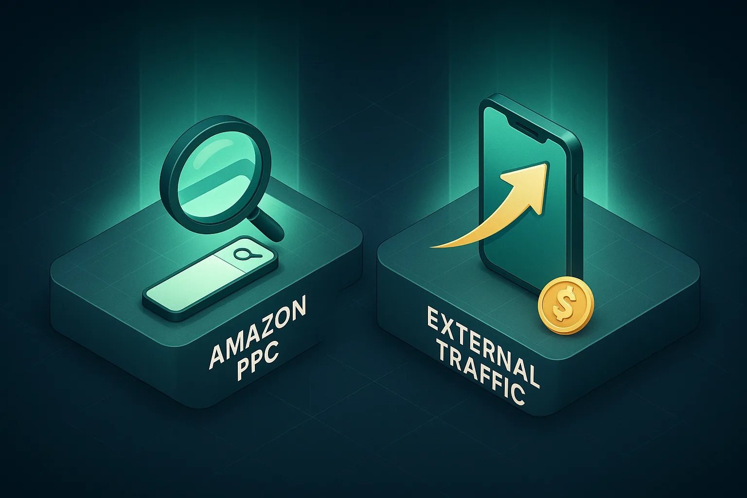Two side by side glowing tiles, one tile with a magnifying glass over a search bar representing Amazon PPC